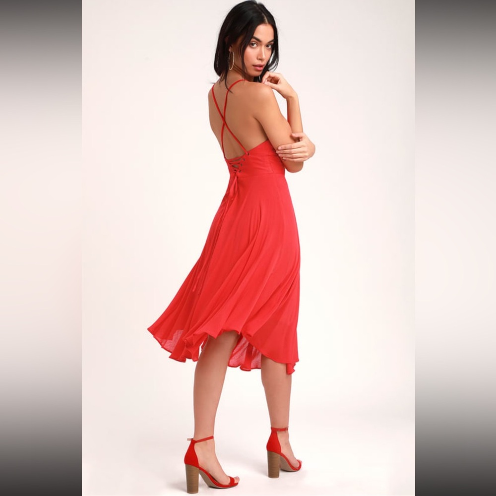 EUC Lulu’s Size Small Troulos Red Lace-Up Midi Dress - Picture 1 of 9